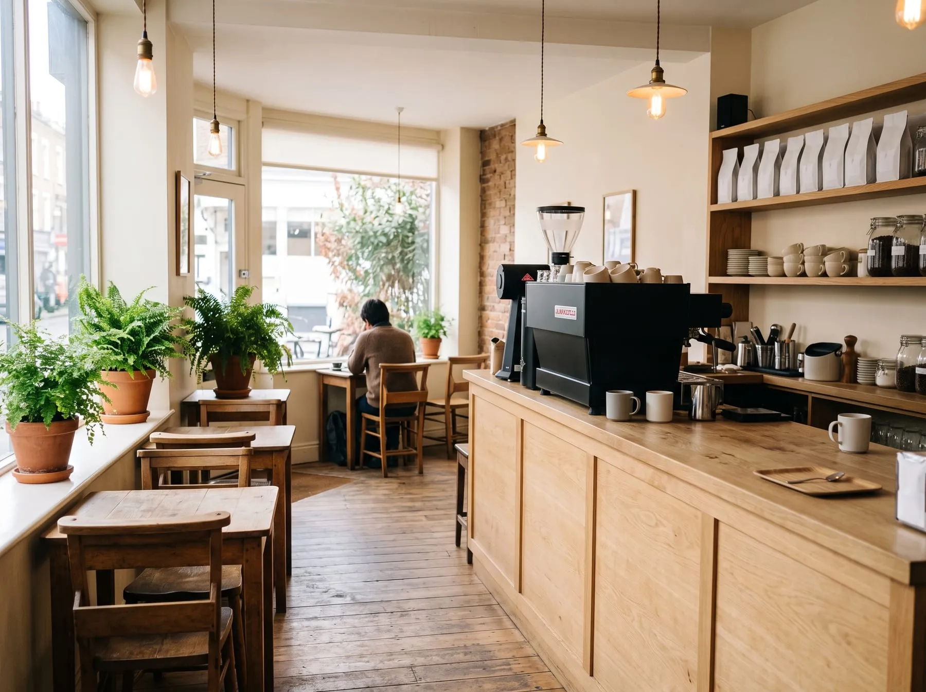 The bar and window seating at St. George Cafe on a bright morning
