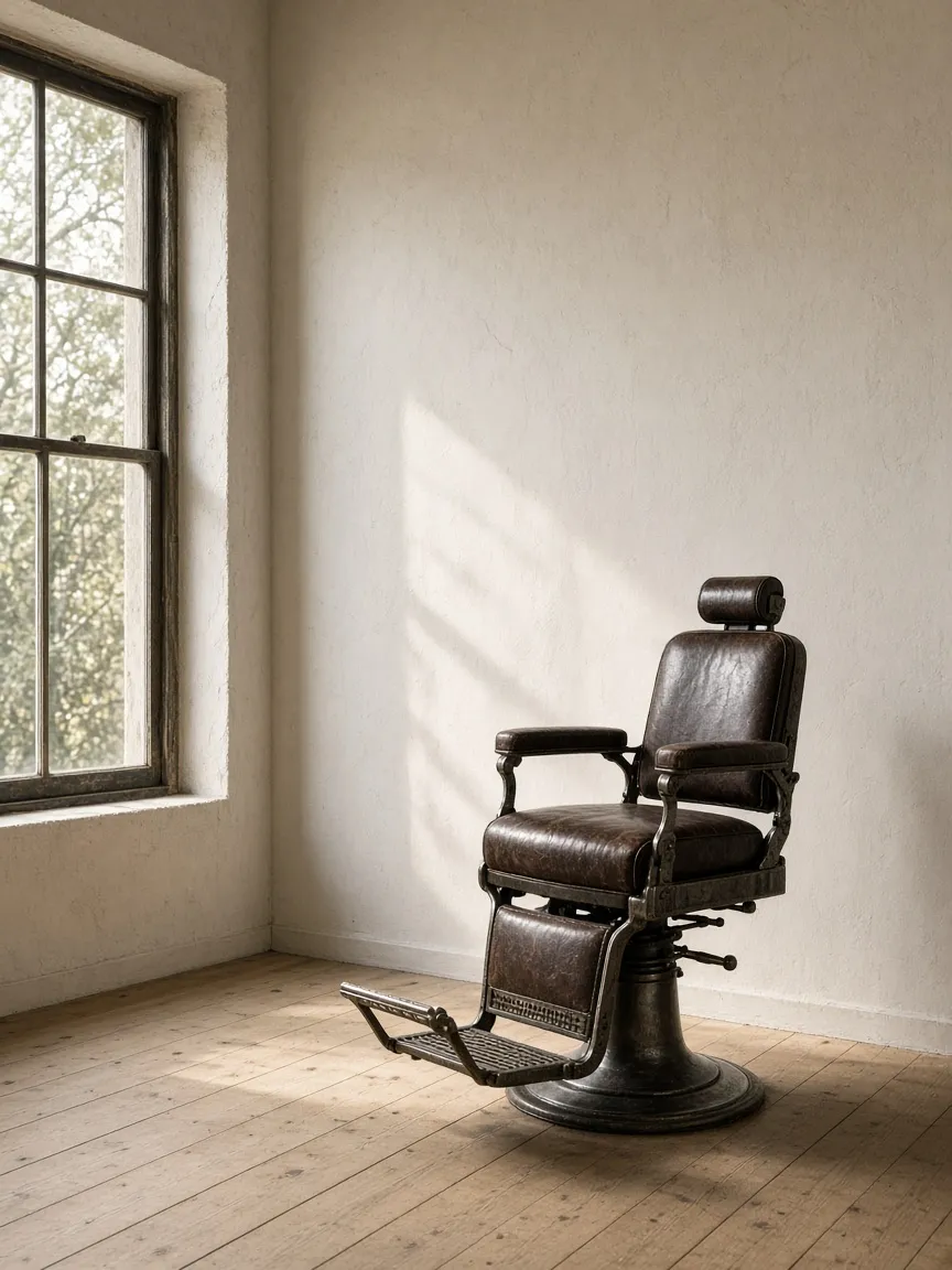 A leather barber chair beside a sunlit window
